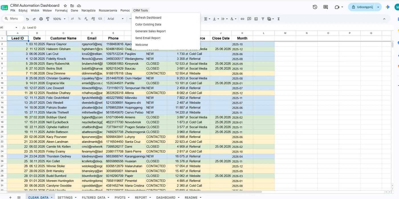 CRM Automation Dashboard w Google Sheets z menu Google Apps Script